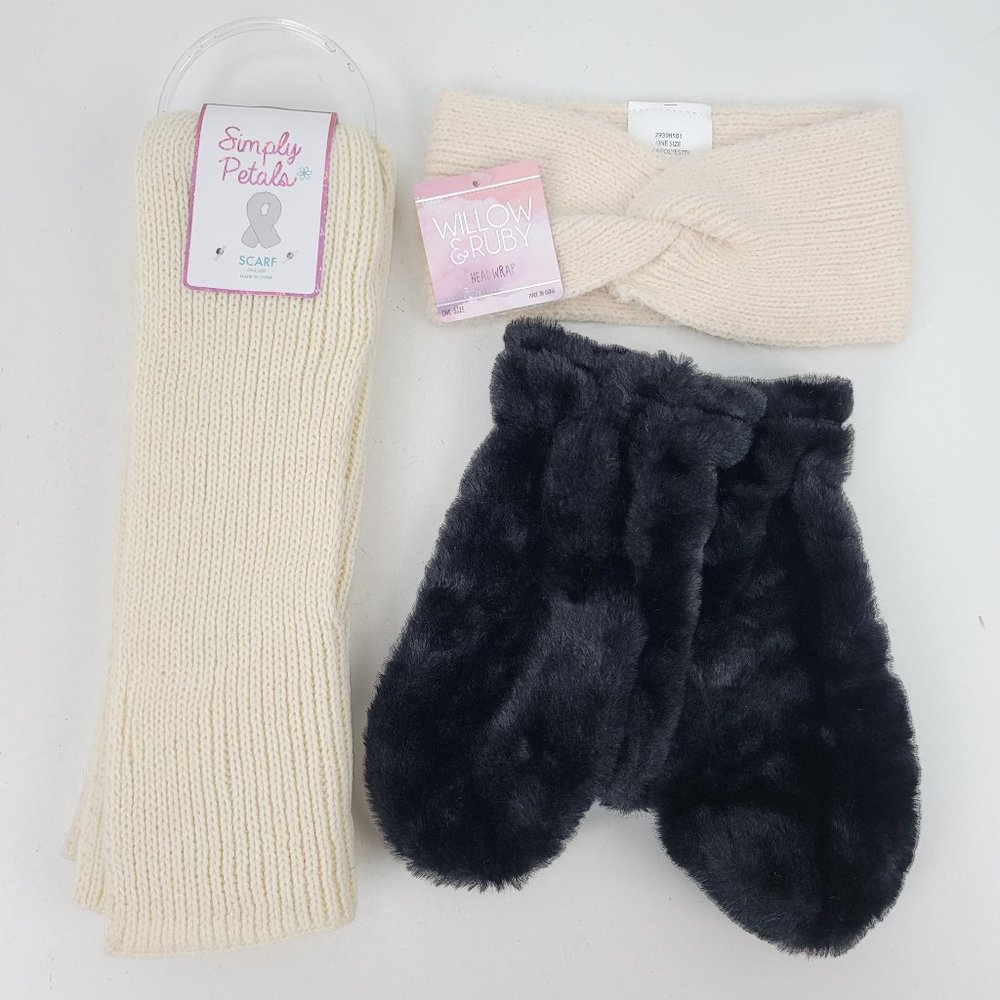 New Lot Womens Willow & Ruby Mittens, Headwrap Ear Warmer & Simply Petals Scarf